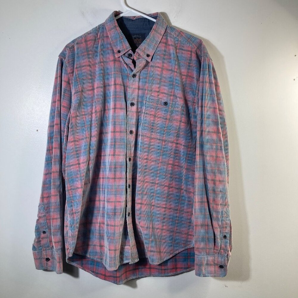 Mens Copper & Oak Plaid Corduroy Button Shirt Pink Blue Gray XL Cotton‎